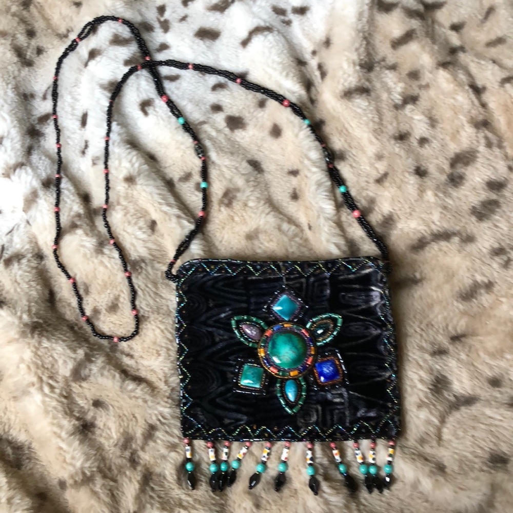 RARE 100% silk velvet artisan stone flower purse - Picture 4 of 16